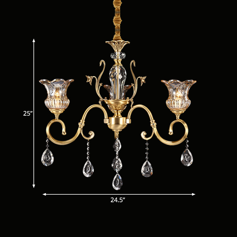 3 Bulbs Bellflower Hanging Light Vintage Brass Clear Glass Up Chandelier with Scroll Arm and Crystal Drop