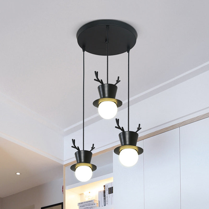 Black Tall Hat Cluster Pendant Nordic Style 3 Bulbs Iron Hanging Ceiling Light with Antler Decor, Round/Linear Canopy