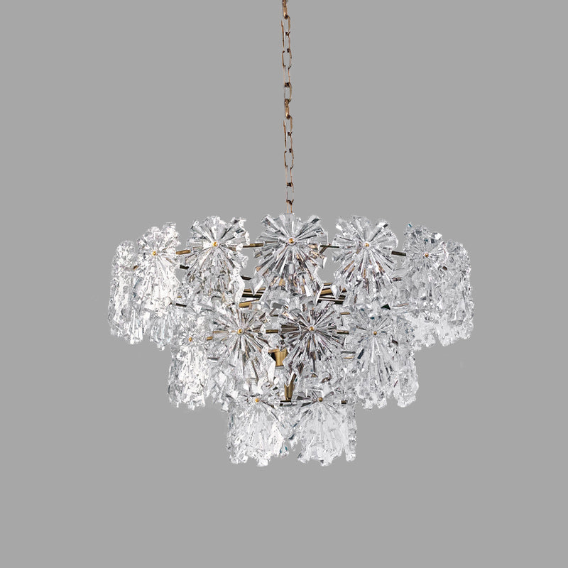 3 Tiers Snowflake Crystal Drop Lamp Modern 4/7 Bulbs 12"/17" Wide Dining Room Ceiling Chandelier in Gold