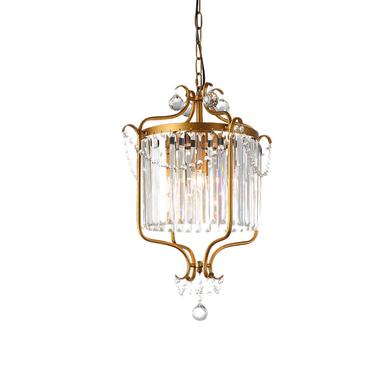 Kristallprisma Drum Anhänger leichte Vintage 3-Licht-Wohnzimmer Hanging Kronleuchter mit goldenem Scrollrahmen