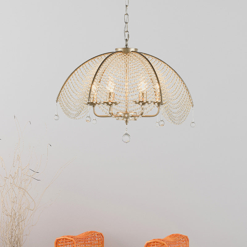 Crystal Strand Gold Chandelier Umbrella 3 Lights Suspension Pendant with Candle Design
