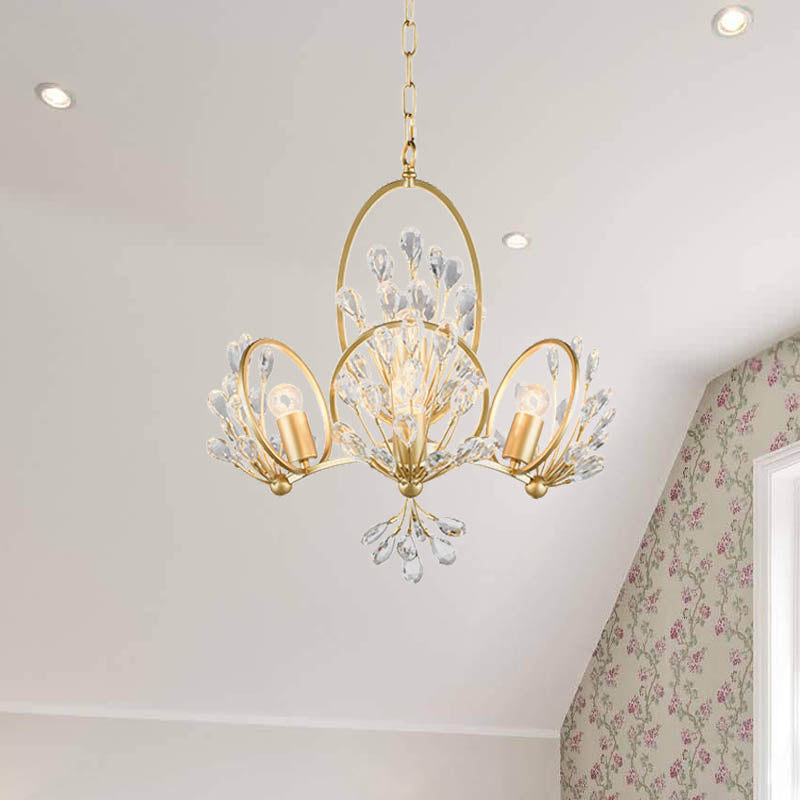 3-Bulb Crystal Chandelier Light Fixture Retro Gold Petals Dining Table Hanging Pendant