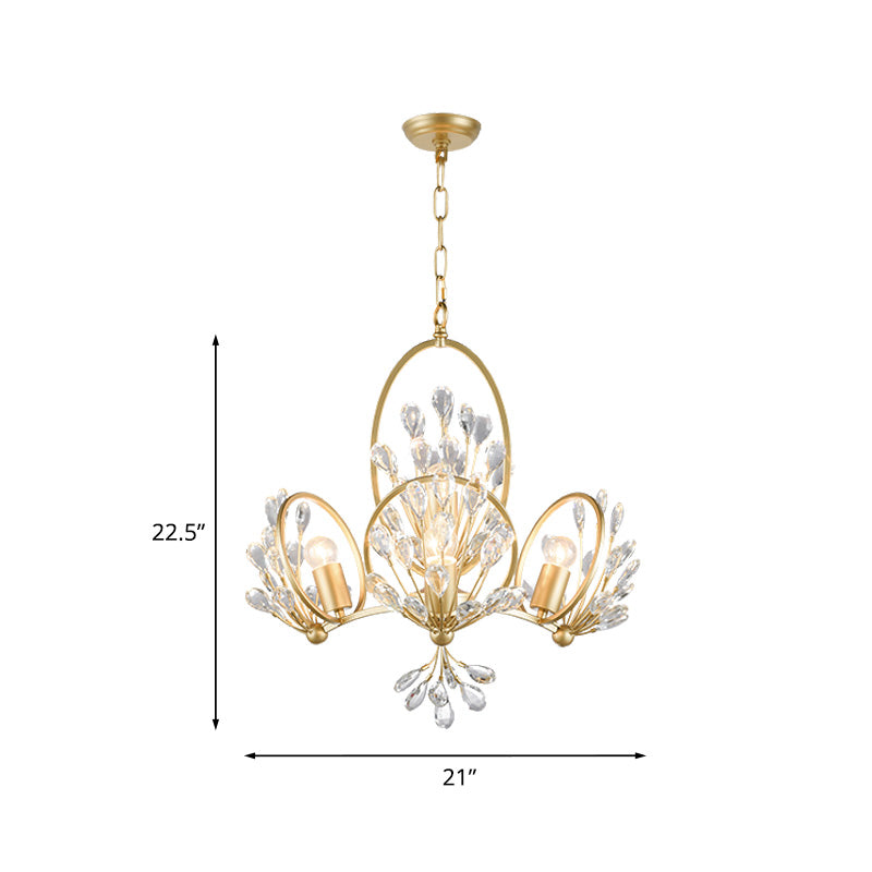 3-Bulb Crystal Chandelier Light Fixture Retro Gold Petals Dining Table Hanging Pendant