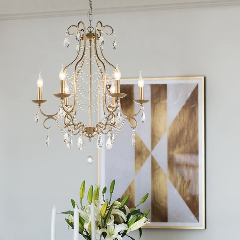 Rustic Candelabra Chandelier 6 Lights Crystal Strand Pendant Lighting in Gold over Table