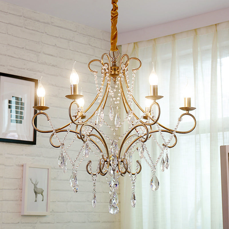 Gold Candle Style Scroll Arm Chandelier Victorian Crystal 5/6-Bulb Dining Room Ceiling Pendant Light