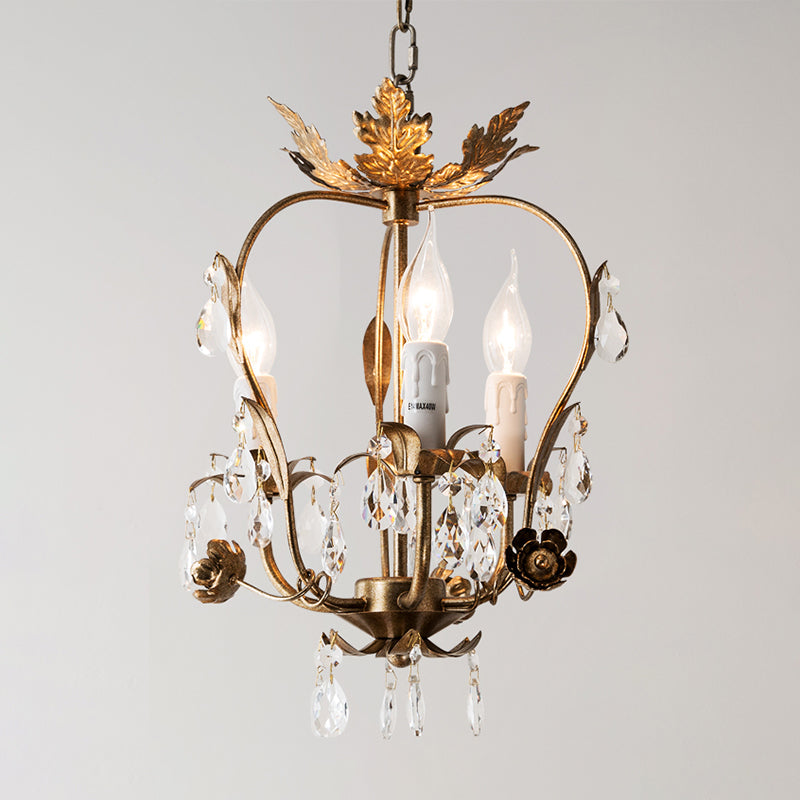 3 Lights Chandelier Pendant Countryside Inverted Pear Frame Crystal Hanging Lamp in Antiqued Brass