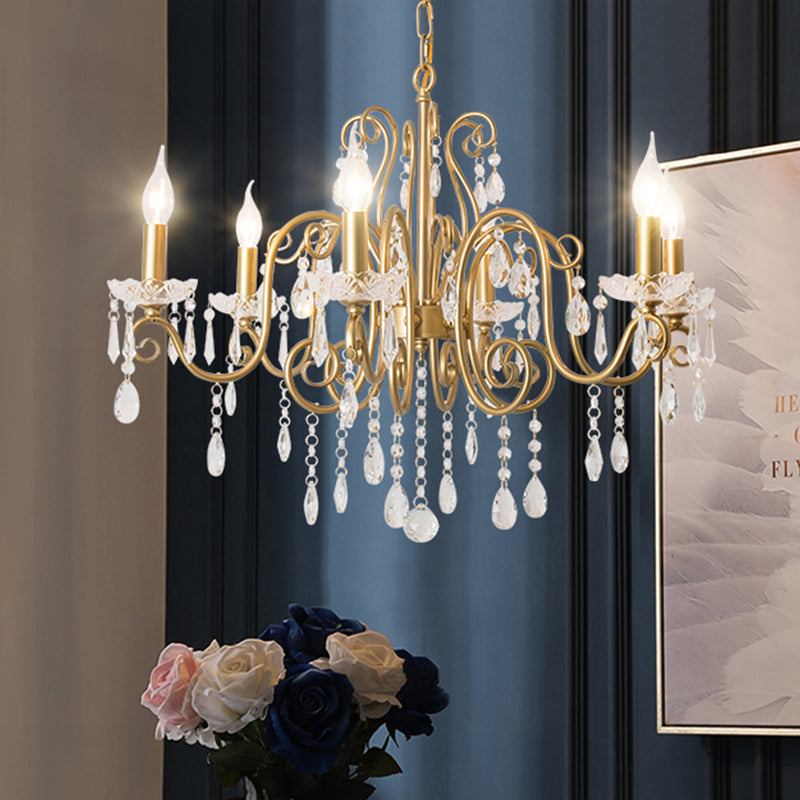 Victorian Swirl Arm Candelabra Chandelier 6 Bulbs Crystal Hanging Light Fixture in Gold