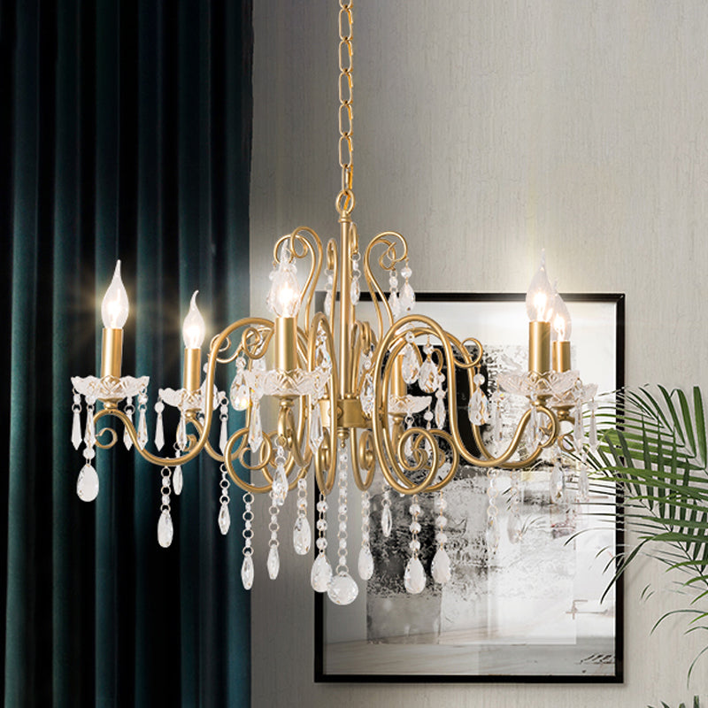Victorian Swirl Arm Candelabra Chandelier 6 Bulbs Crystal Hanging Light Fixture in Gold