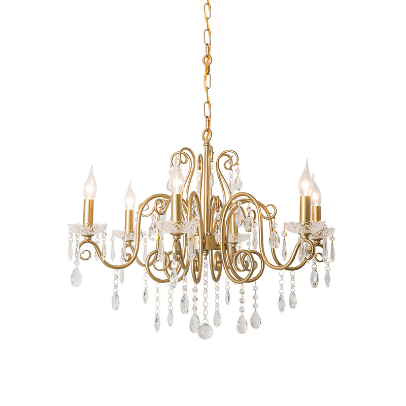 Victorian Swirl Arm Candelabra Chandelier 6 Bulbs Crystal Hanging Light Fixture in Gold