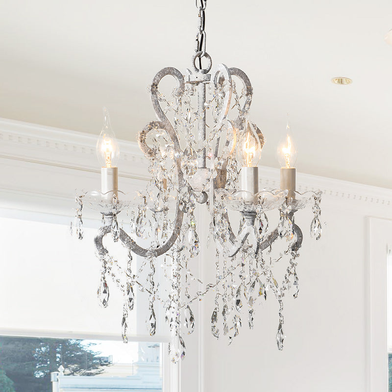 4 Heads Chandelier French Country Living Room Ceiling Suspension Lamp with Candelabrum Crystal Design