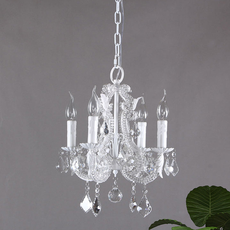 Crystal Coated Candlestick Chandelier Rustic 4-Head Restaurant Pendant Ceiling Light in White