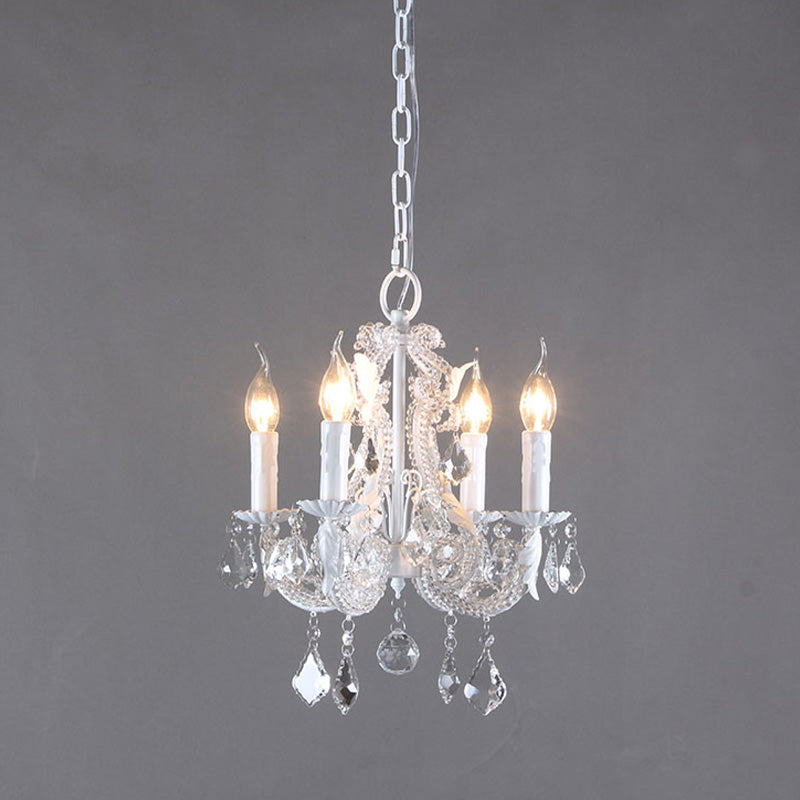 Crystal Coated Candlestick Chandelier Rustic 4-Head Restaurant Pendant Ceiling Light in White