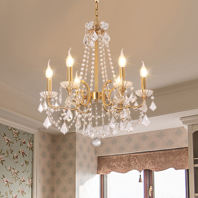 Candle Dining Lobby Ceiling Chandelier Antiqued Crystal 6-Light Gold Pendant Lighting Fixture