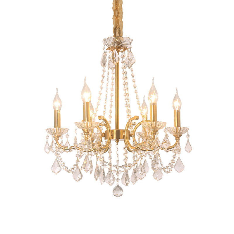Candle Dining Lobby Ceiling Chandelier Antiqued Crystal 6-Light Gold Pendant Lighting Fixture