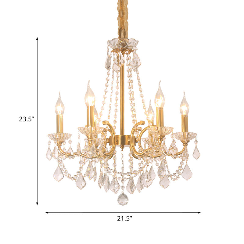 Candle Dining Lobby Ceiling Chandelier Antiqued Crystal 6-Light Gold Pendant Lighting Fixture