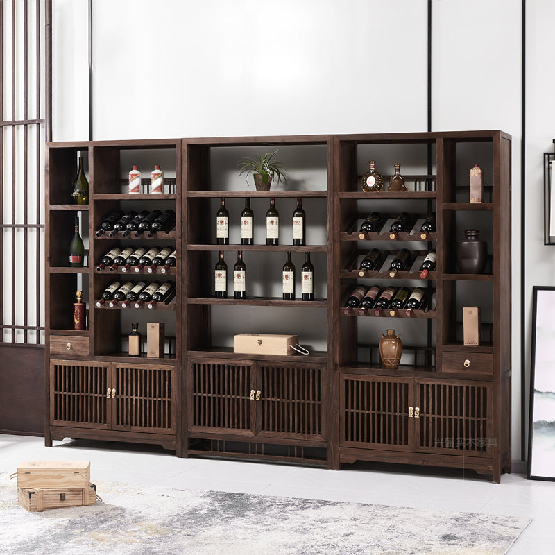 Freestanding Mid-Century Modern Solid Wood Wine Bottle Holder with Shelf