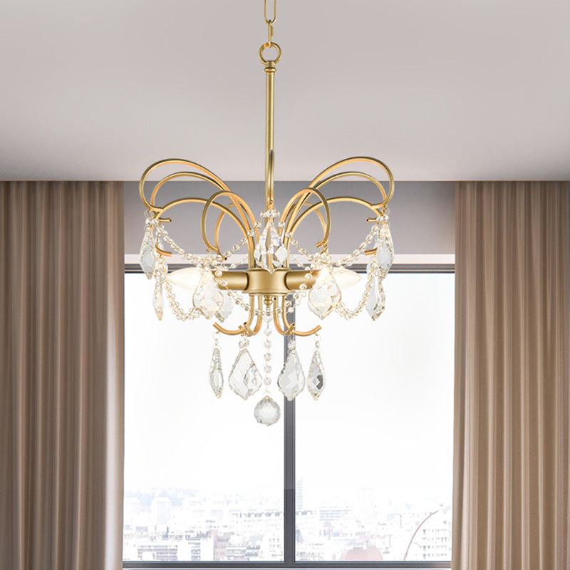 3 Bulbs Butterfly Chandelier Lighting Rural Gold Metal Pendant Lamp with Crystal Strand Decor
