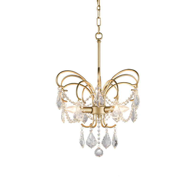 3 Bulbs Butterfly Chandelier Lighting Rural Gold Metal Pendant Lamp with Crystal Strand Decor