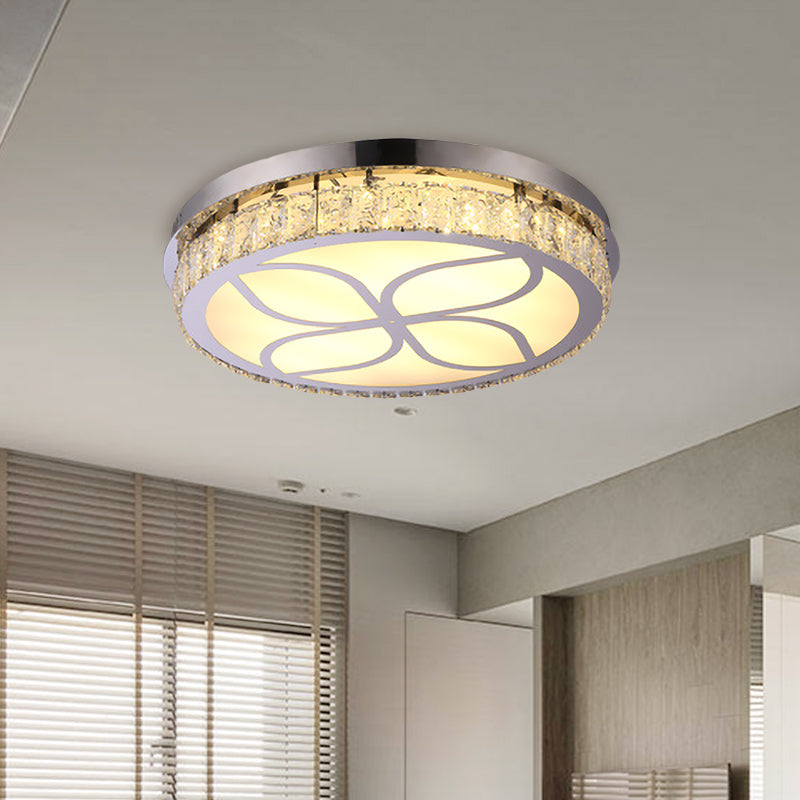 Round Crystal Encrusted Flush Light Contemporary Hotel LED Ceiling Mount Lamp with Petal Pattern in Chrome