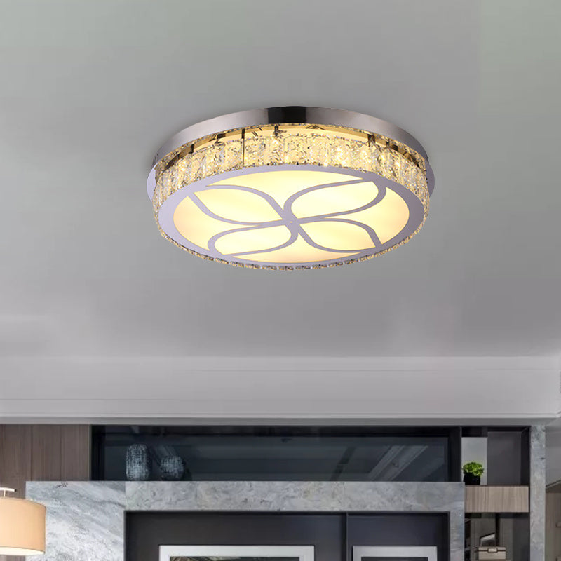 Round Crystal Encrusted Flush Light Contemporary Hotel LED Ceiling Mount Lamp with Petal Pattern in Chrome
