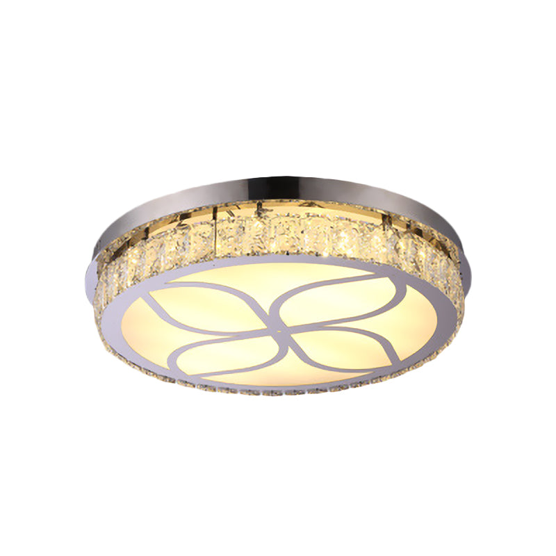Round Crystal Encrusted Flush Light Contemporary Hotel LED Ceiling Mount Lamp with Petal Pattern in Chrome