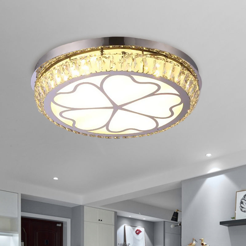 Round Crystal Encrusted Flush Light Contemporary Hotel LED Ceiling Mount Lamp with Petal Pattern in Chrome