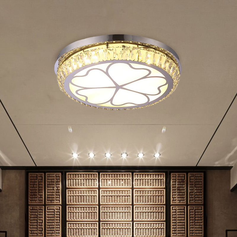 Round Crystal Encrusted Flush Light Contemporary Hotel LED Ceiling Mount Lamp with Petal Pattern in Chrome