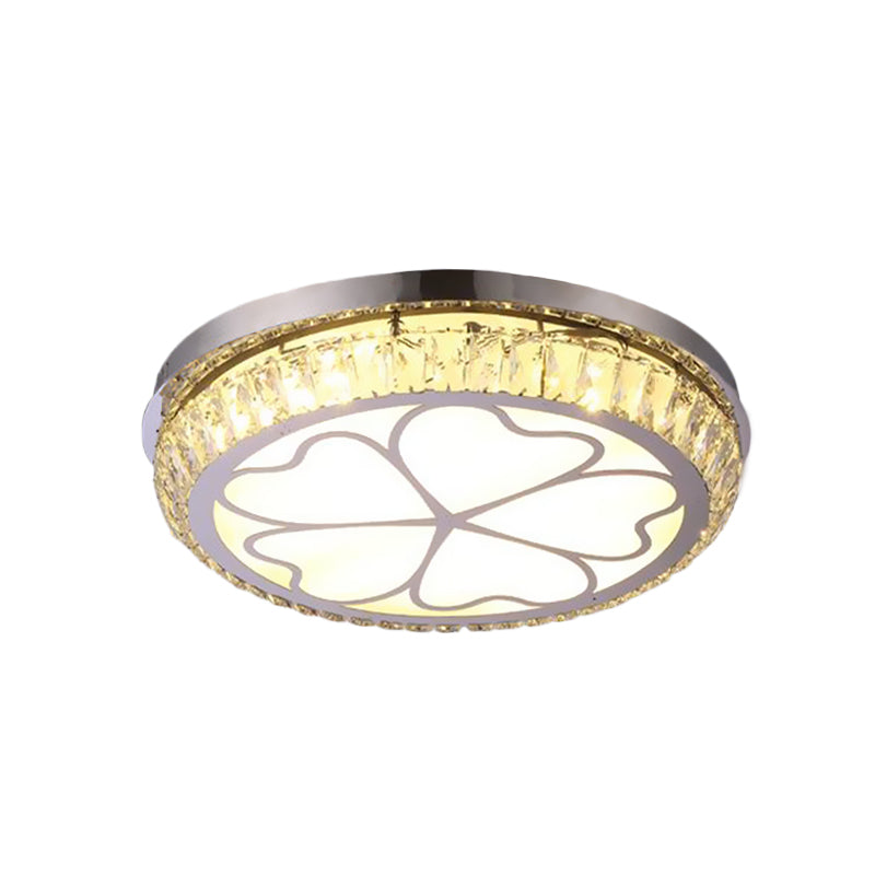 Round Crystal Encrusted Flush Light Contemporary Hotel LED Ceiling Mount Lamp with Petal Pattern in Chrome