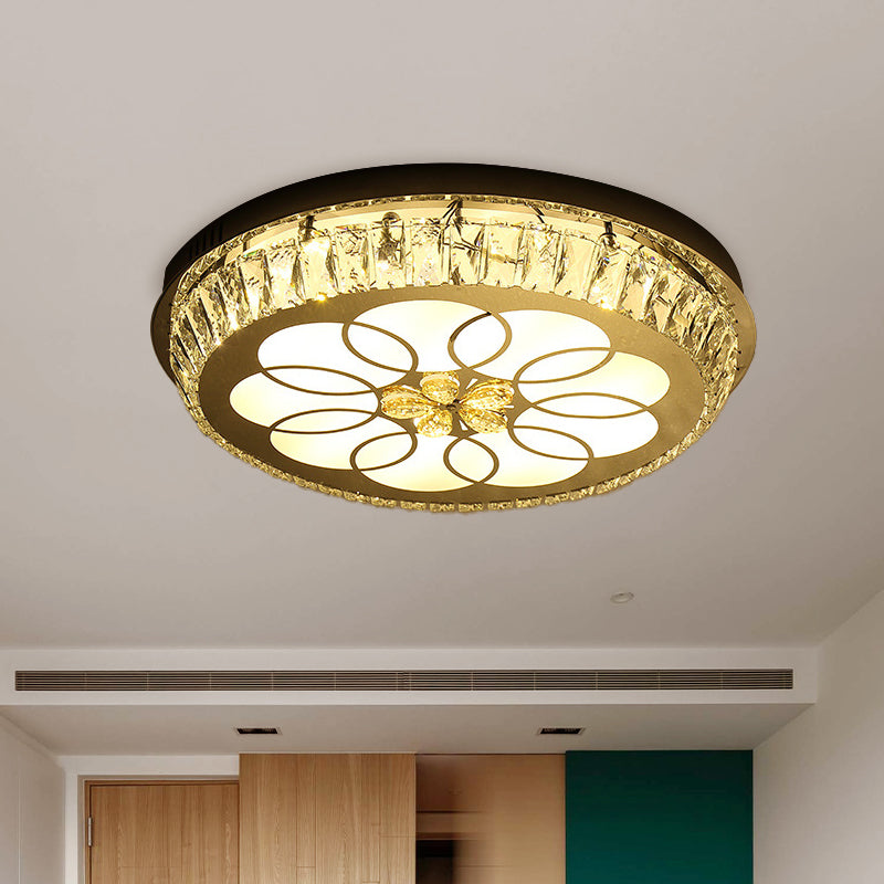 Round Crystal Encrusted Flush Light Contemporary Hotel LED Ceiling Mount Lamp with Petal Pattern in Chrome