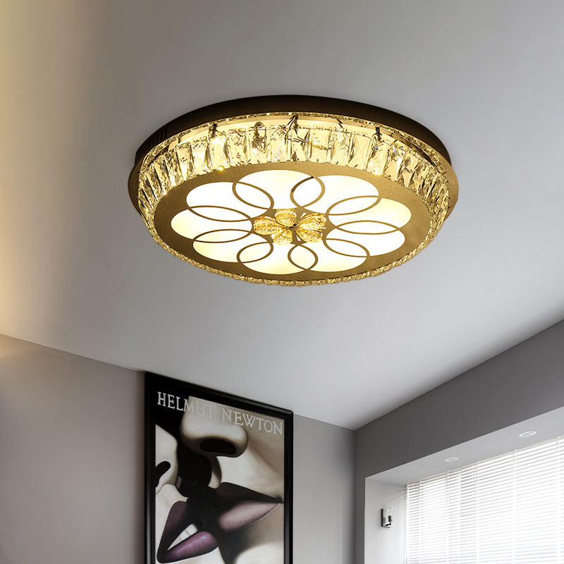 Round Crystal Encrusted Flush Light Contemporary Hotel LED Ceiling Mount Lamp with Petal Pattern in Chrome