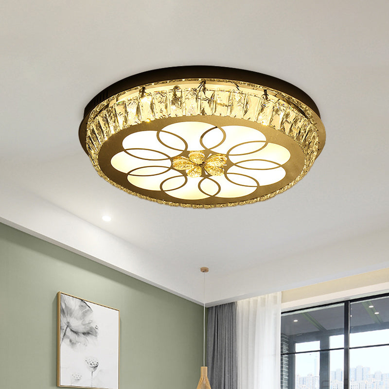 Round Crystal Encrusted Flush Light Contemporary Hotel LED Ceiling Mount Lamp with Petal Pattern in Chrome