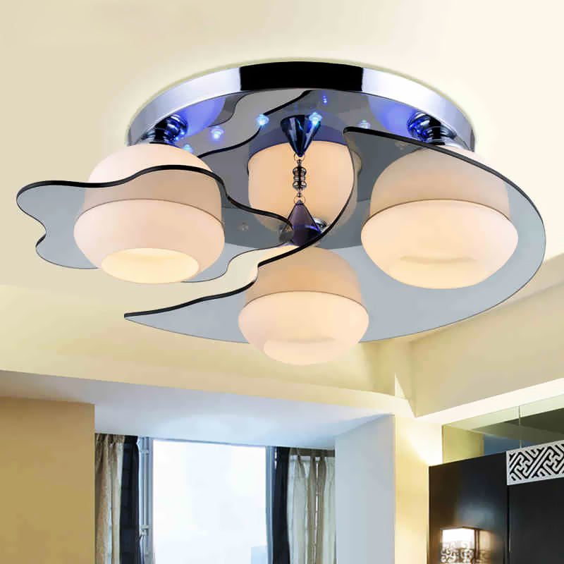 3/5-Head White Glass Flushmount Modernism Chrome Floral Living Room Ceiling Flush Light with Crystal Ball Drop