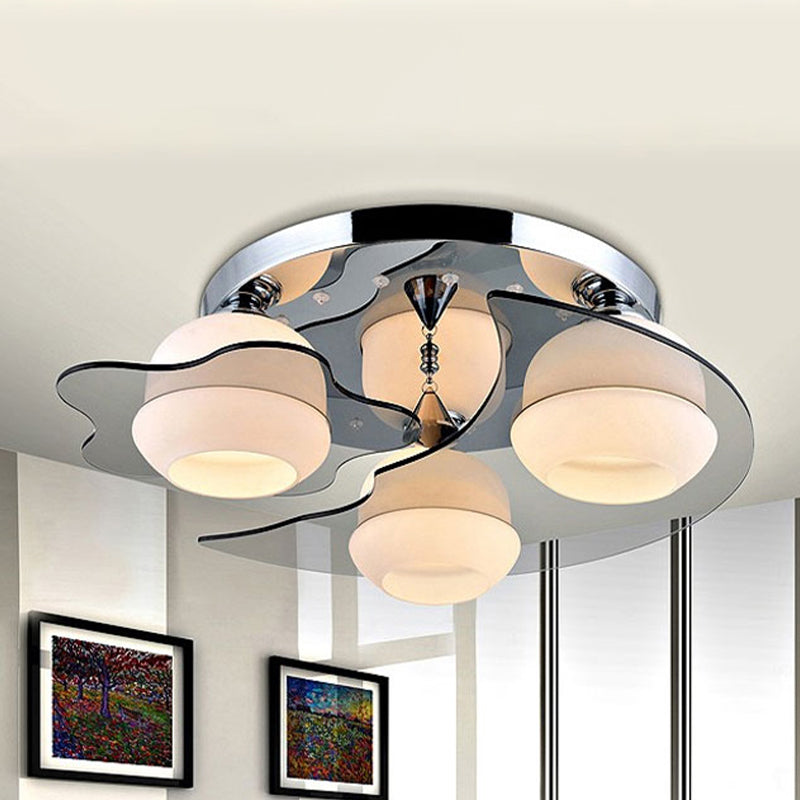 3/5-Head White Glass Flushmount Modernism Chrome Floral Living Room Ceiling Flush Light with Crystal Ball Drop
