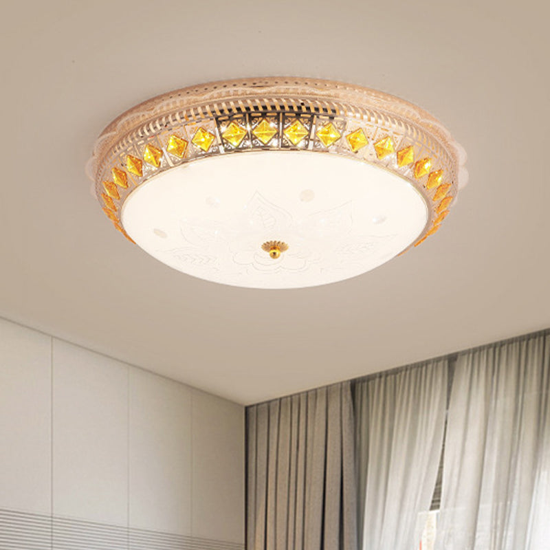 Classic Bowl Flush Mount Light Crystal Embedded LED Close to Ceiling Lighting Fixture in Gold
