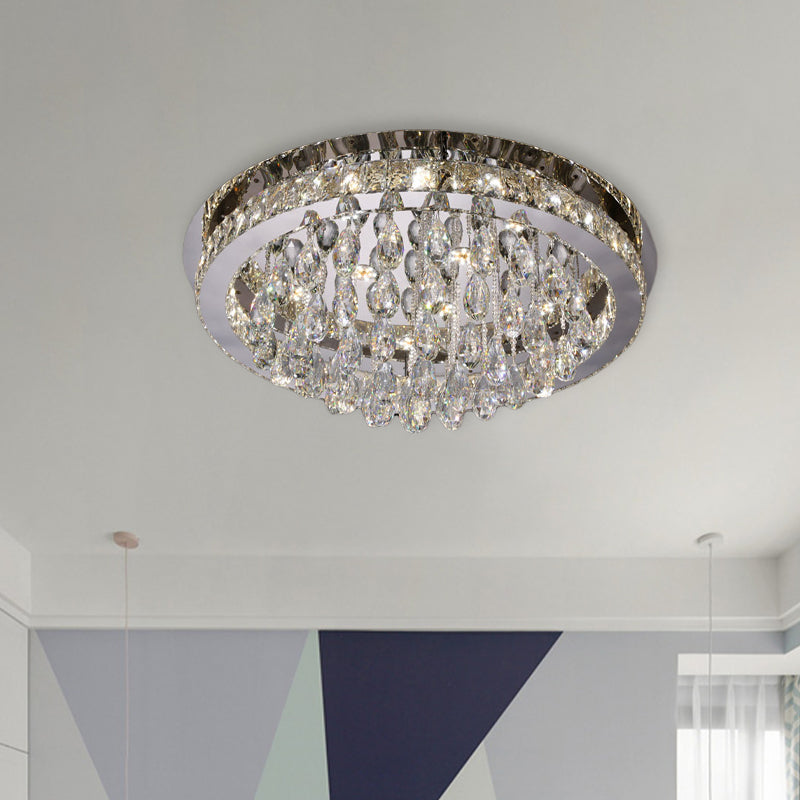 Nickel LED Ceiling Flush Light Modernist Beveled Cut Crystal-Encrusted Circular Flushmount with Crystal Drops