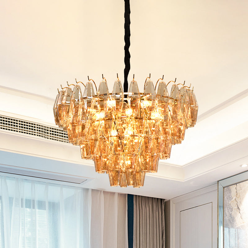 7 Lights Chandelier Traditional Living Room Pendant Lamp with Conical Amber Glass Shade