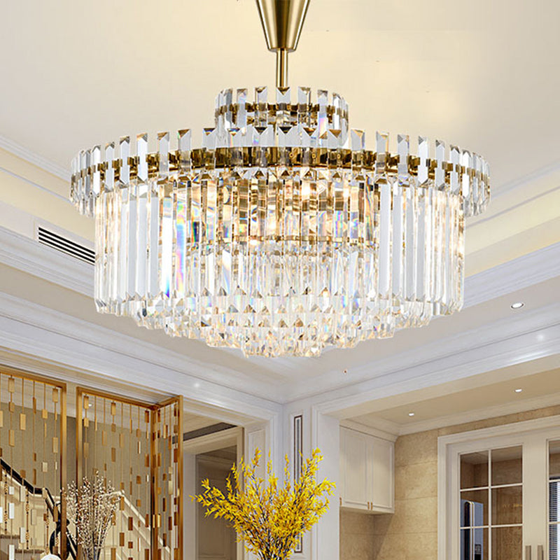 Abgestufte runde klare Kristallkronleuchter Licht Klassiker 10/18 Köpfe Wohnzimmer Anhänger Beleuchtung in Gold