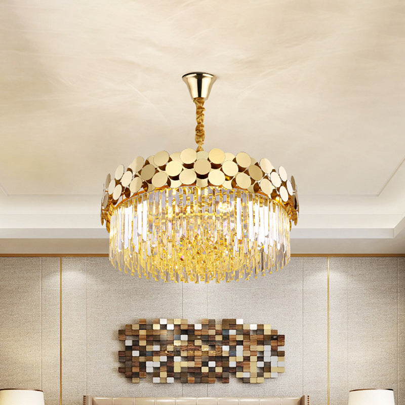 9 Heads Chandelier Lighting Country Drum Crystal Pendant Light Kit in Gold with Metal Dotted Design
