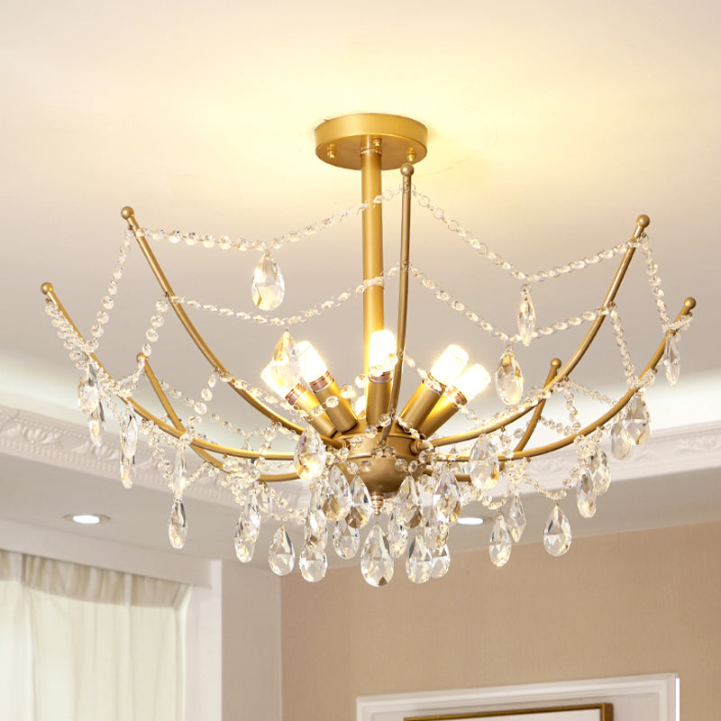 6/8 Bulbs Semi Flush Chandelier Retro Netting Crystal Strand Flush Ceiling Light in Gold