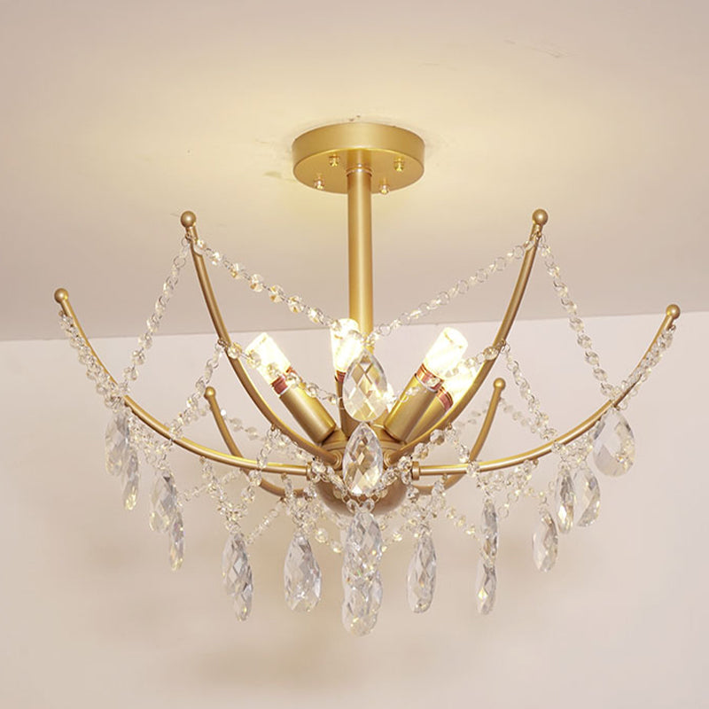 6/8 Bulbs Semi Flush Chandelier Retro Netting Crystal Strand Flush Ceiling Light in Gold