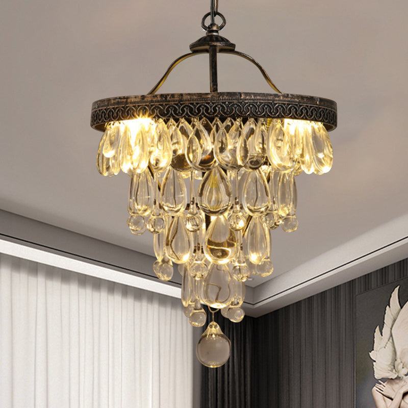 Teardrop Living Room Chandelier Light Fixture Countryside Clear Crystal 3-Light Bronze Hanging Lamp with Layered Design