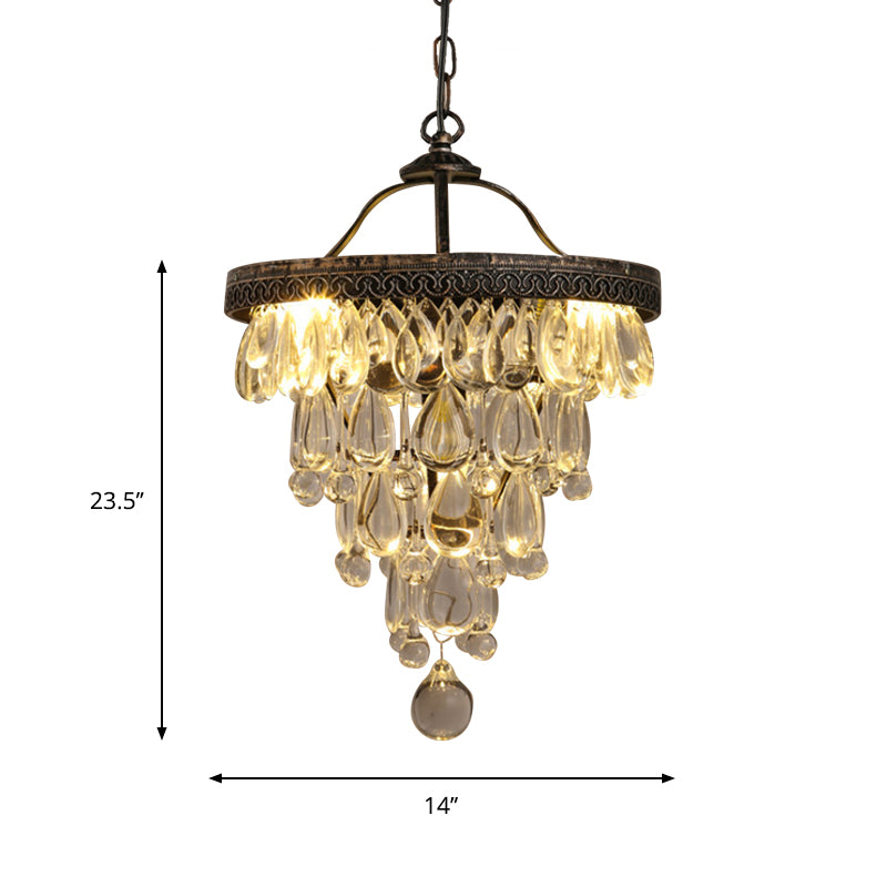 Teardrop Living Room Chandelier Light Fixture Countryside Clear Crystal 3-Light Bronze Hanging Lamp with Layered Design