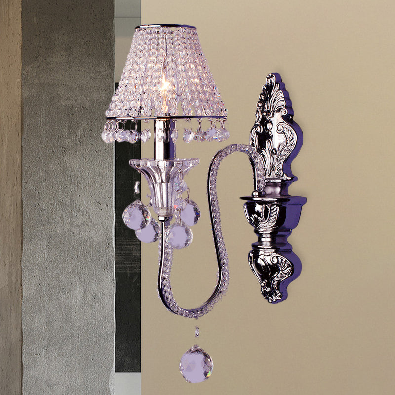 1/2-Head Crystal Beaded Wall Lamp Countryside Silver Conical Bedside Wall Mount Fixture with Swooping Arm
