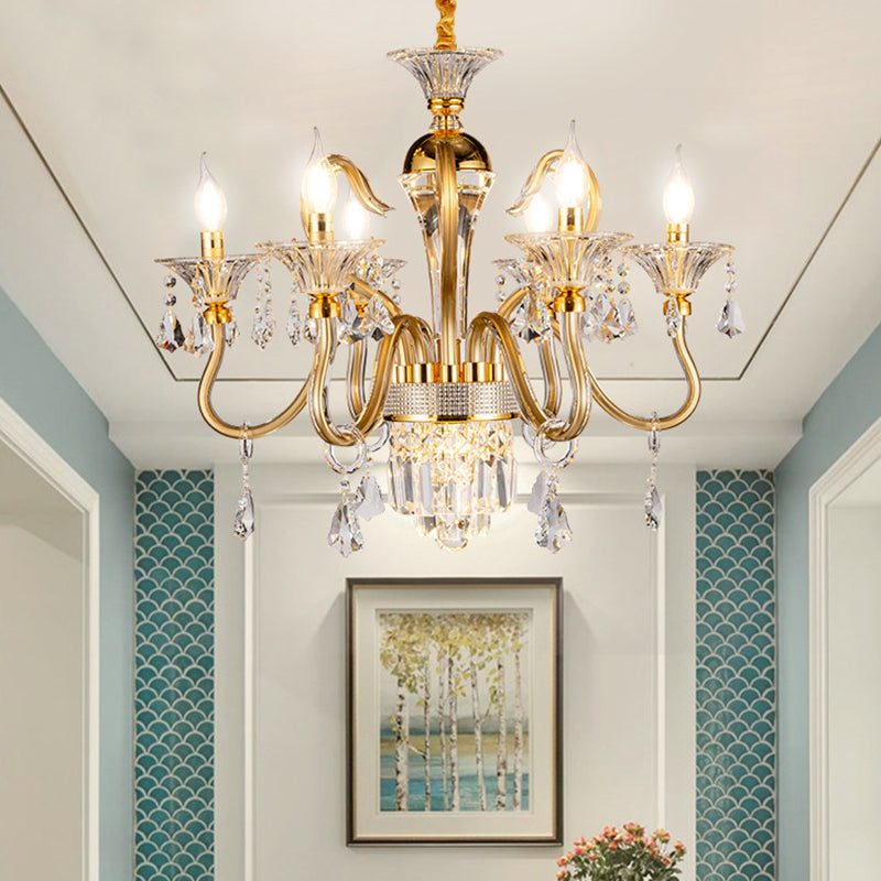 Traditional Candelabra Chandelier 6/8 Heads Metal Drop Pendant in Gold with Clear Crystal Droplet