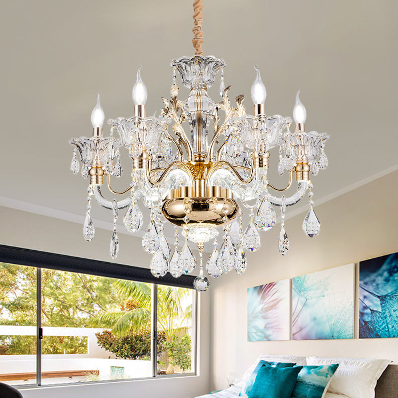 Clear Crystal Teardrop Chandelier Light Classic 6/8-Light Bedroom Hanging Pendant in Gold with Twisted Arm