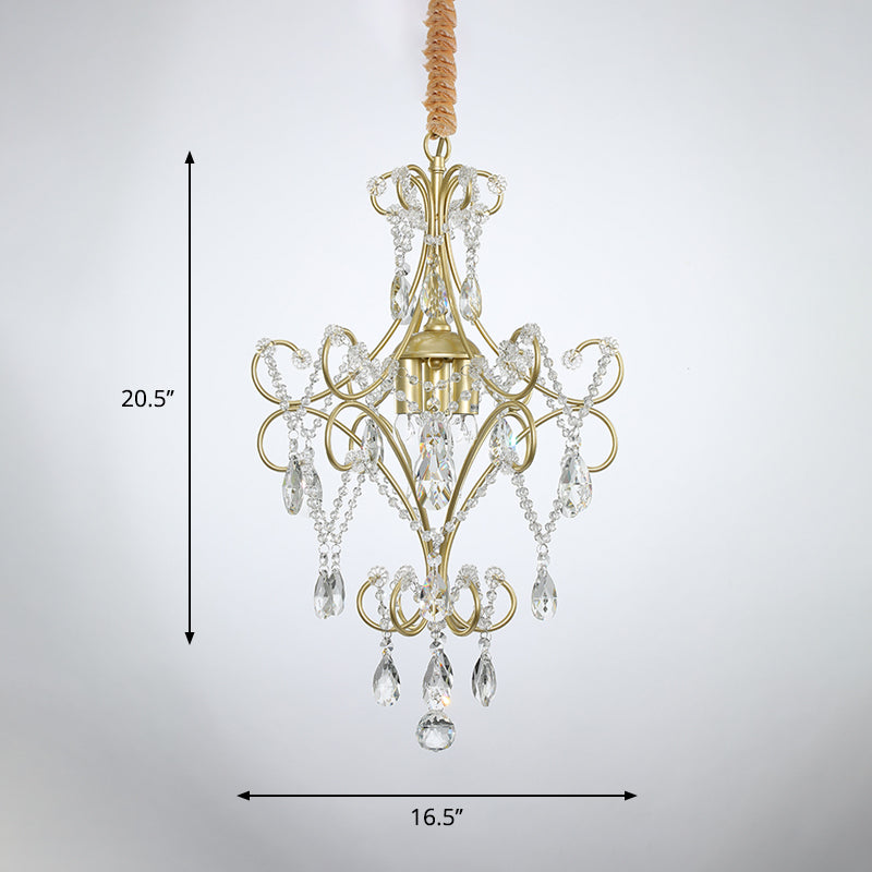 3 Lights Beaded Chandelier Lighting Country Gold Finish Crystal Pendant Light Kit with Scrollwork Design
