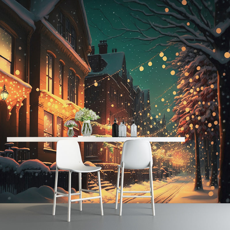 Illustrator Town Motif Wall Mural Antifouling for Living Room Decoration