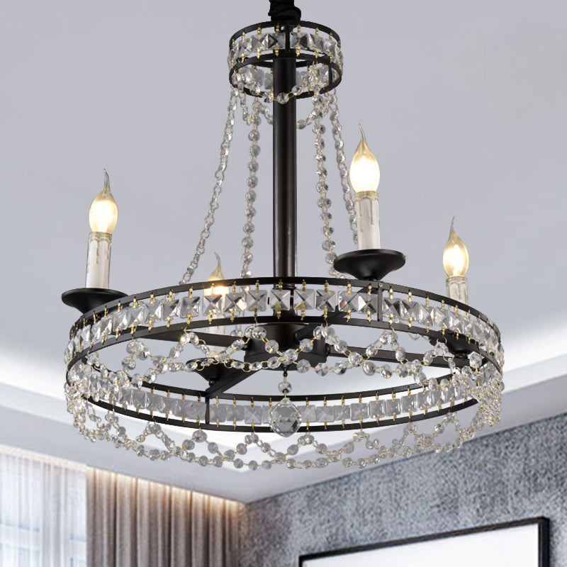 Black 4/6-Light Chandelier Lamp Traditional Wheel Crystal Strand Hanging Ceiling Light for Bedroom