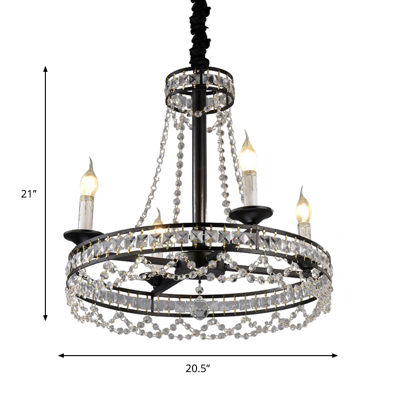 Black 4/6-Light Chandelier Lamp Traditional Wheel Crystal Strand Hanging Ceiling Light for Bedroom