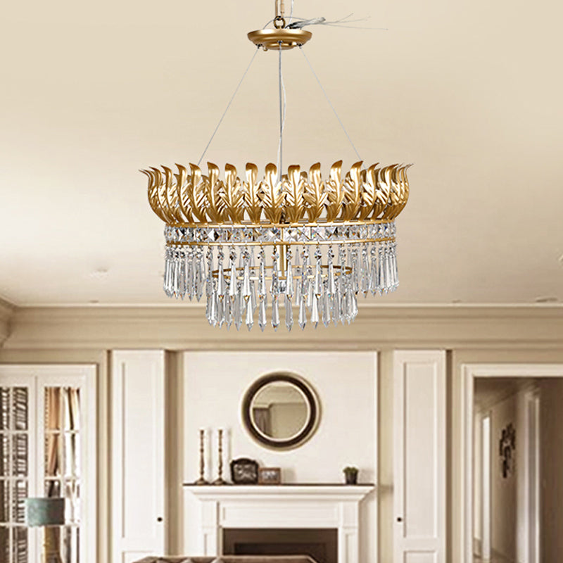 4-Bulb Chandelier Light Fixture Rural 2-Layered K9 Crystal Hanging Pendant in Gold with Leaf Deco